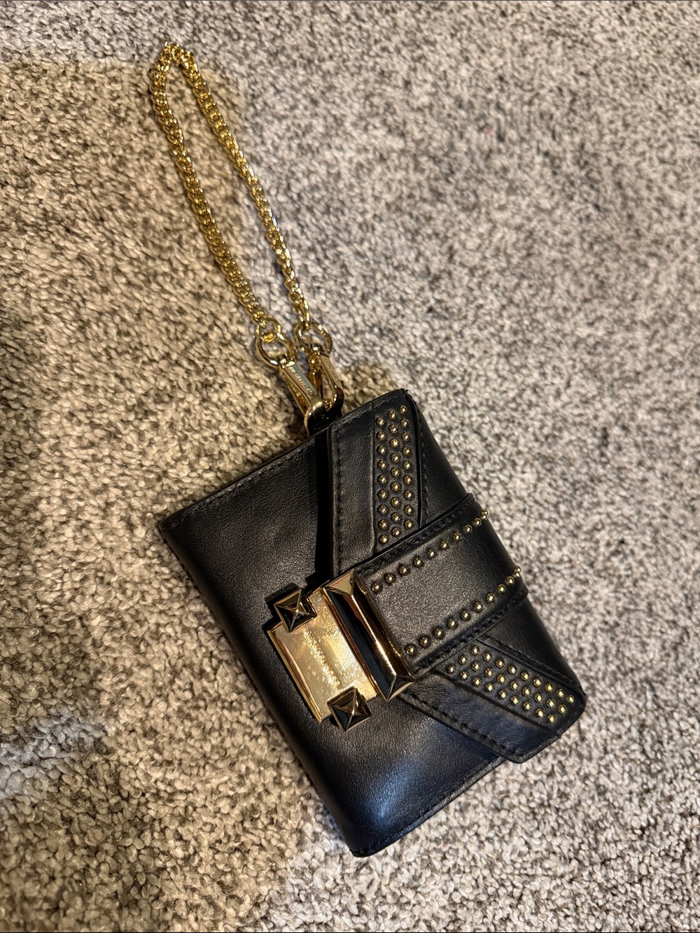Michael Kors Black Leather Wristlet with Gold Studs and Chain
